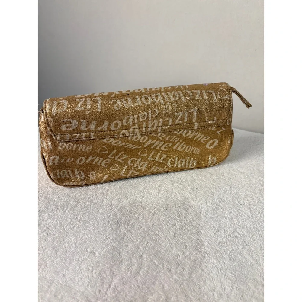 Liz Claiborne Gold‎ Sequins Logo Print Clutch Wallet Evening Bag